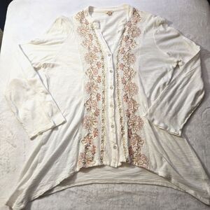Reba Women's Cream Blouse Lace/ Embroidery subtle Rhinestones  Size L Roll-Tab